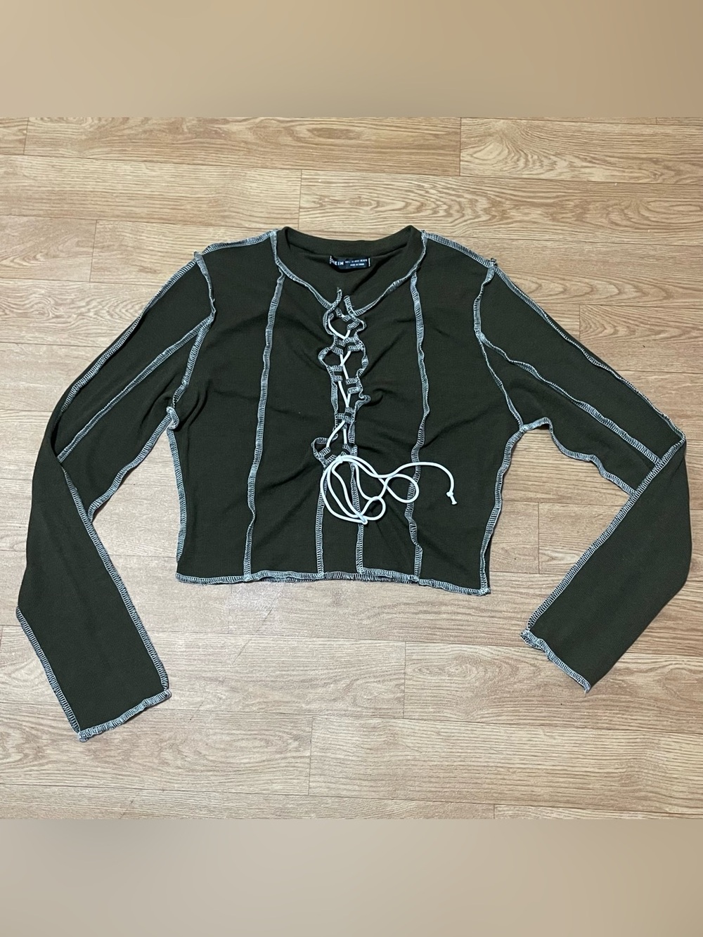 Olive Green Long Sleeve Lace-Up Crop Top with Contrast Stitching